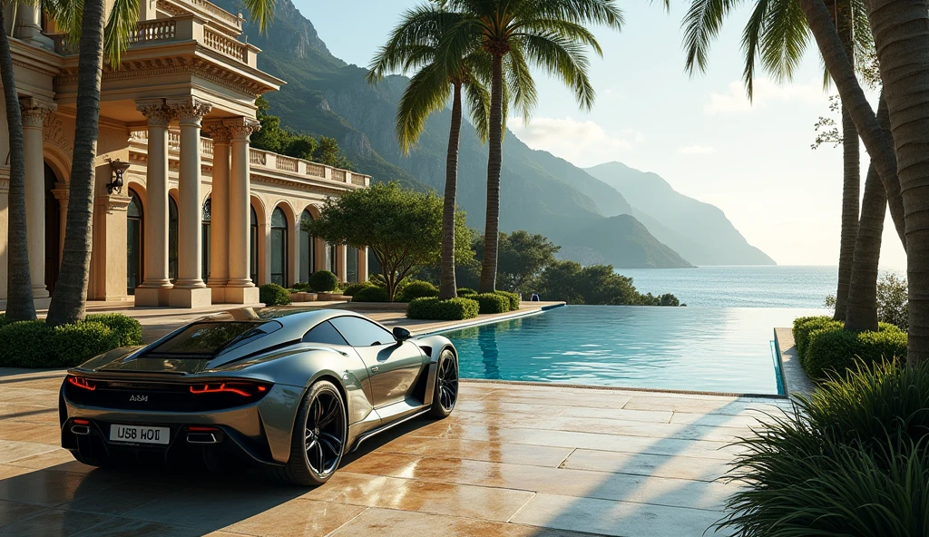 luxury mansion with a luxuary car parked in front of it, green yard with trees, behind sea and mountains, luxury pool, luxury lifestyle, luxurious environment, luxury architecture, rich, huge mansion, rich style, luxury and elite, extremely opulent, luxurious, hyper luxurious, majestic masterpiece, wealthy, luxury, stunning grand architecture, exquisite masterpiece, flaunting his wealth, inside a grand, architectural masterpiece