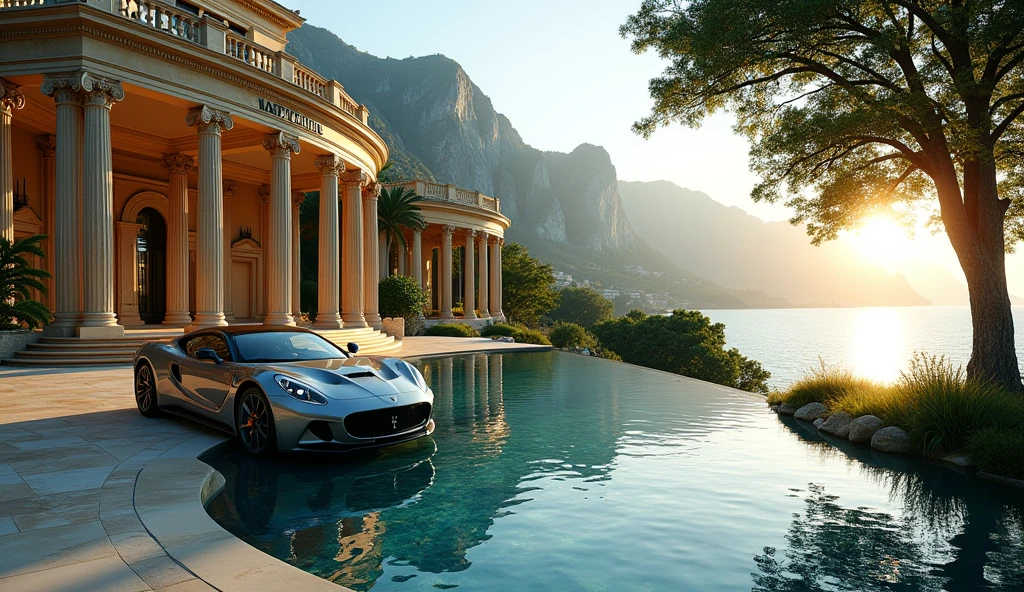 luxury mansion with a luxuary car parked in front of it, green yard with trees, behind sea and mountains, luxury pool, luxury lifestyle, luxurious environment, luxury architecture, rich, huge mansion, rich style, luxury and elite, extremely opulent, luxurious, hyper luxurious, majestic masterpiece, wealthy, luxury, stunning grand architecture, exquisite masterpiece, flaunting his wealth, inside a grand, architectural masterpiece