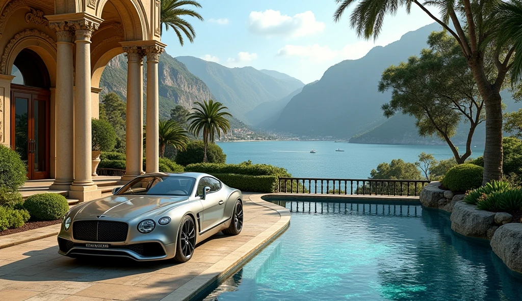 luxury mansion with a luxuary car parked in front of it, green yard with trees, behind sea and mountains, luxury pool, luxury lifestyle, luxurious environment, luxury architecture, rich, huge mansion, rich style, luxury and elite, extremely opulent, luxurious, hyper luxurious, majestic masterpiece, wealthy, luxury, stunning grand architecture, exquisite masterpiece, flaunting his wealth, inside a grand, architectural masterpiece