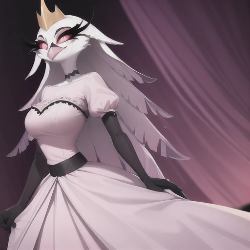 (best quality, masterpiece:1), furry female anthro stella, owl, portrait, stelladress, white dress, black belt, pink beak,  standing, gold crown, looking to the side, closed mouth, smile, wide-eyed, white pupils, elbow gloves, choker, pink gradient dress, (dimly lit fancy formal ball background:1.0), 