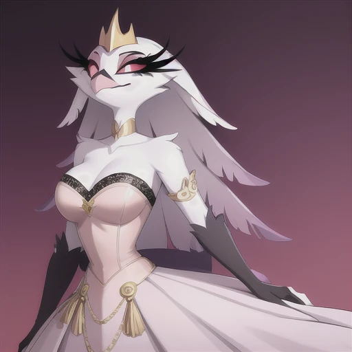 (best quality, masterpiece:1), furry female anthro stella, owl, portrait, stelladress, white dress, black belt, pink beak, standing, gold crown, looking to the side, closed mouth, smile, wide-eyed, white pupils, elbow gloves, choker, pink gradient dress, (dimly lit fancy formal ball background:1.0),
