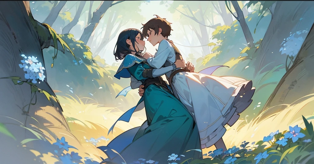 Draw a forest where there are forget-me-not flowers, that in the forest there is only one couple in love, where the girl is dressed in fantasy clothes, and the boy in period clothing like a worker, But I want the boy to be fading away. I want the drawing to be animated
