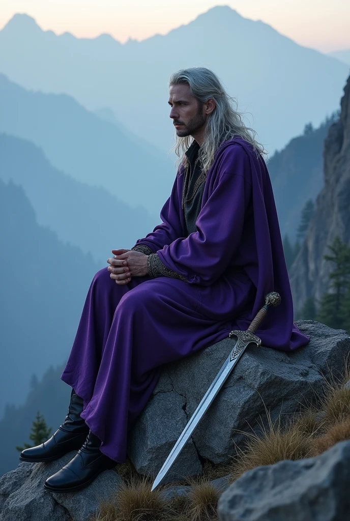 A man with silver hair wearing a purple robe exuding an air of arrogance, calmness, dignity, and sadness was sitting cross-legged on a rock on the mountain, his eyes looking into the distance as if he was waiting for something for a long time. Next to him was an ancient sword that seemed to have been with the old man for a long time.(medieval style)
