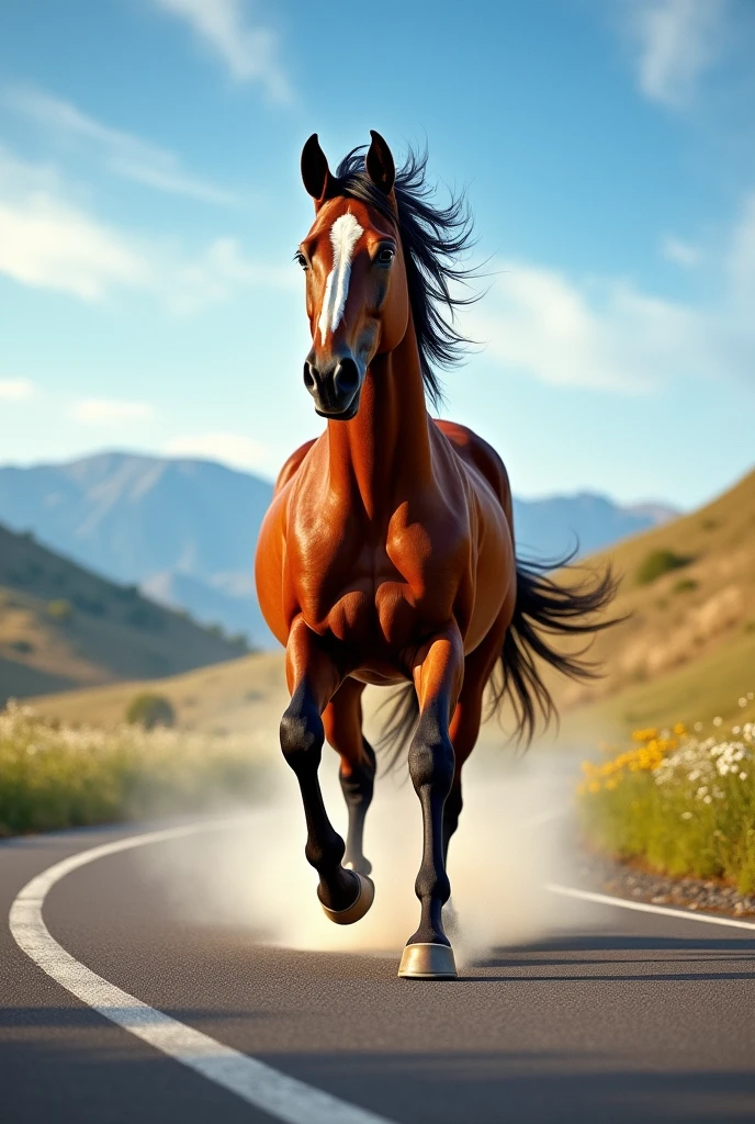 (Photorealism:1.2), Horse gallops on the highway
