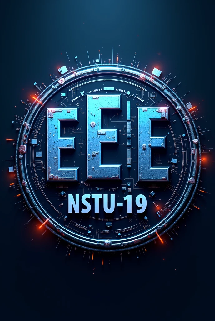 A logo of electrical and electronic engineering , where EEE written at robotics style written and NSTU - 19 and 'EEE - 9th batch' is written.