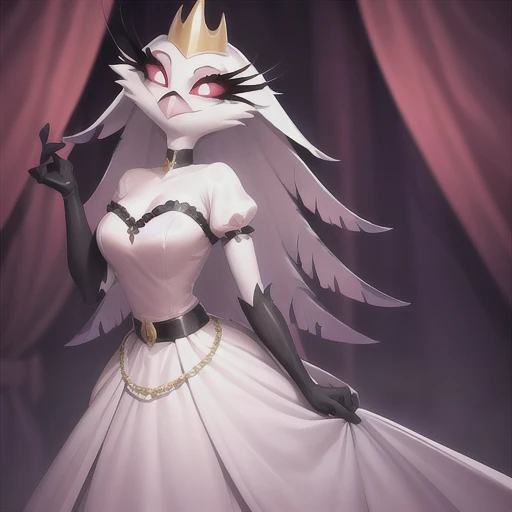 (best quality, masterpiece:1), furry female anthro stella, owl, portrait, stelladress, white dress, black belt, pink beak,  standing, gold crown, looking to the side, closed mouth, smile, wide-eyed, white pupils, elbow gloves, choker, pink gradient dress, (dimly lit fancy formal ball background:1.0), 