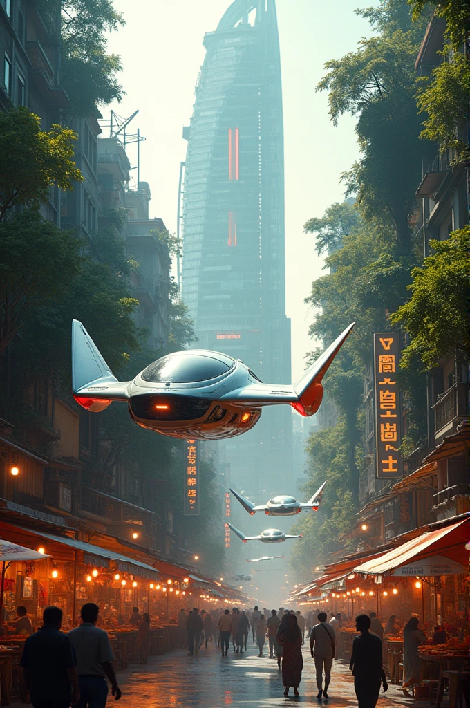A modern Indian city with flying cars and modern infrastructure