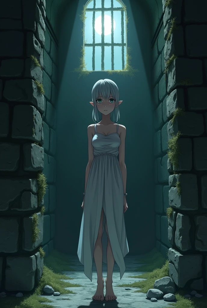 Beautiful girl anime style Silver-haired elf naked with small boobs and slim body、Put in jail、Are crying。