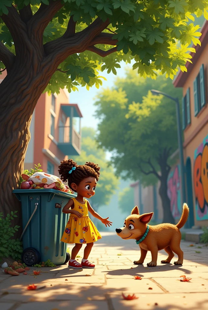 Coco and Mutu meet next to a trash can under a tree.