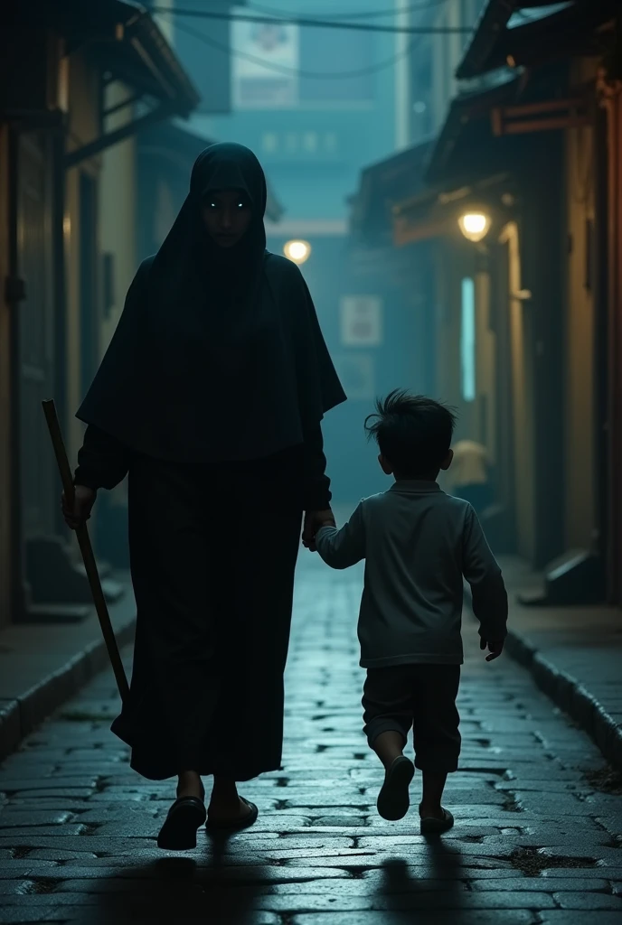 a asian muslim mother holding a bamboo cane stickchasing a small asian muslim child with an angry face, the running away in fear, detailed facial features, dramatic lighting, cinematic composition, moody atmosphere, high contrast, photorealistic, award winning photograph, 8k, HDR