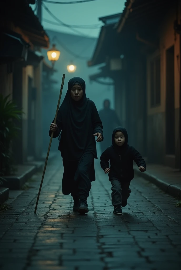 a asian muslim mother holding a bamboo cane stick very thin chasing a asian muslim child an angry face, the running away in fear, detailed facial features, dramatic lighting, cinematic composition, moody atmosphere, high contrast, photorealistic, award winning photograph, 8k, HDR
