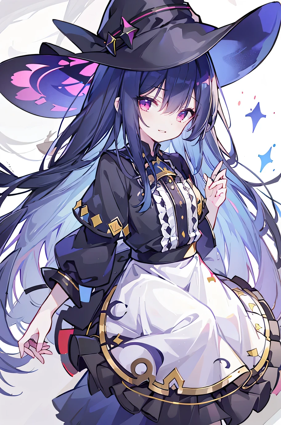 oung Girls,Humanity,A magician always smiles,big witch hat,cute,dark blue long hair,The eyes are dull,The bangs are heavy,Thin eyebrows,fantasy,intake,Double teeth,Star Theme,Constellation pattern,Solid color clothetal decoration,cloak,A bit of a dark atmosphere,A little crazy smile,When the big moon shines outside at night,blood,Hair black star embellishment,Short tie,No nails,High waist skirt,Bell sleeves,Long-sleeved shirt,Black tie,low risk,gentlemen。Mist、Yellow and white effect，Shocking pink as an accent color