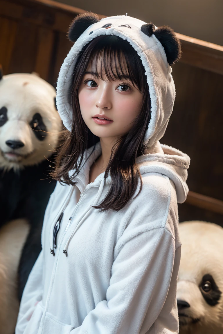 (8k, RAW Photos,Highest quality, High resolution:1.1), (Ultra-realistic:1.4),(Realistic, Realistic:1.3),The Beauty of Japan、((Upper Body:1.3)),look up、Shooting from above,from side,BREAK, (Fluffy fleece panda hood Onesie:1.4),
