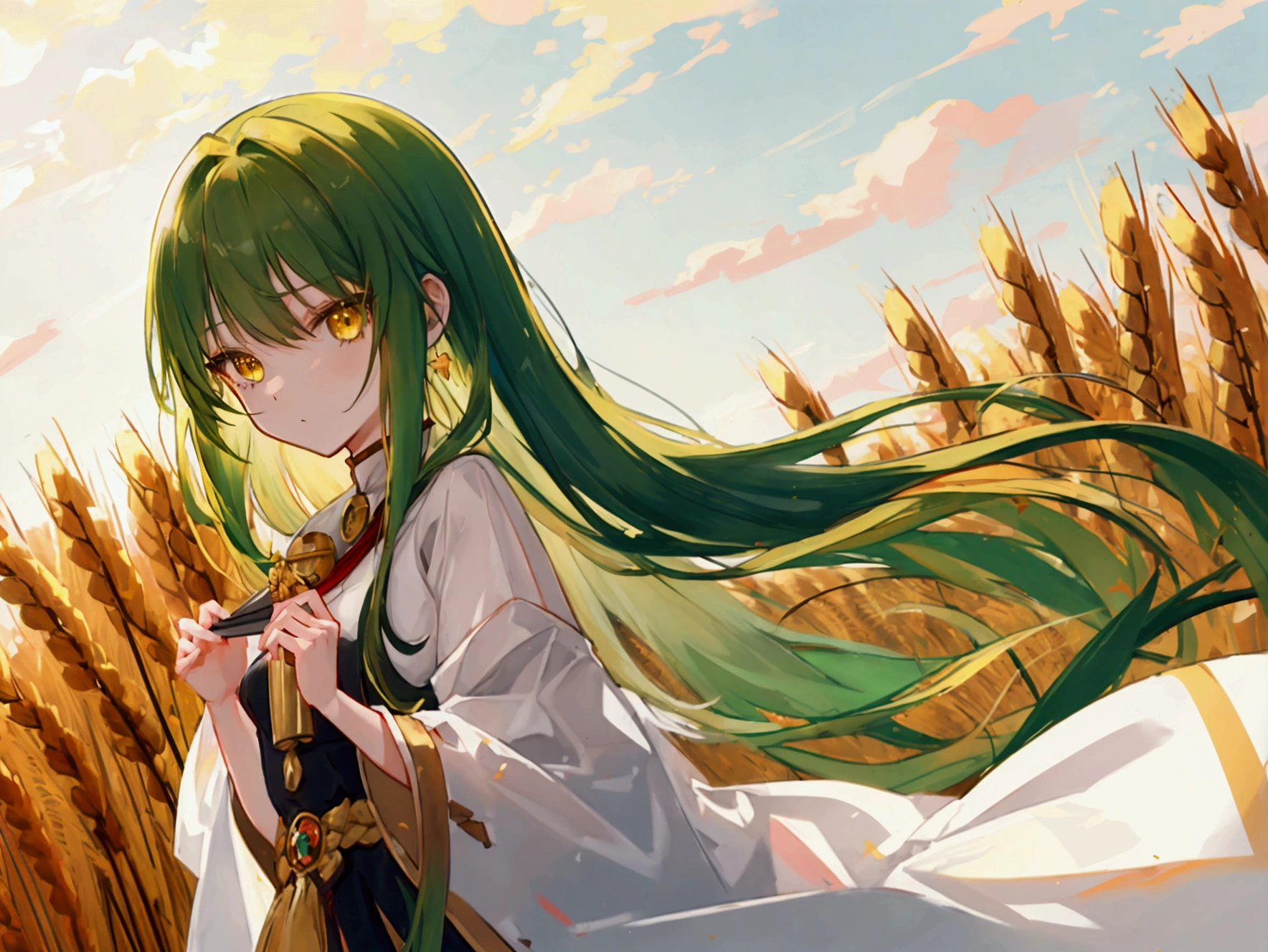 a girl with long dark green hair, yellow eyes,hair behind ear, アニメ, アニメ style, uhd, masterpiece, accurate, anatomically correct, super detail, high quality, high details, award winning, highres, best quality, 8k,,Endless golden wheat fields,Bangs,Subtle clothes,100 days