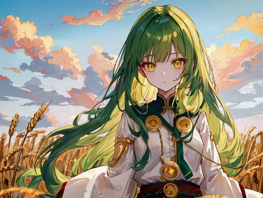 a girl with long dark green hair, yellow eyes,hair behind ear, アニメ, アニメ style, uhd, masterpiece, accurate, anatomically correct, super detail, high quality, high details, award winning, highres, best quality, 8k,,Endless golden wheat fields，Bangs，Subtle clothes，100 days

