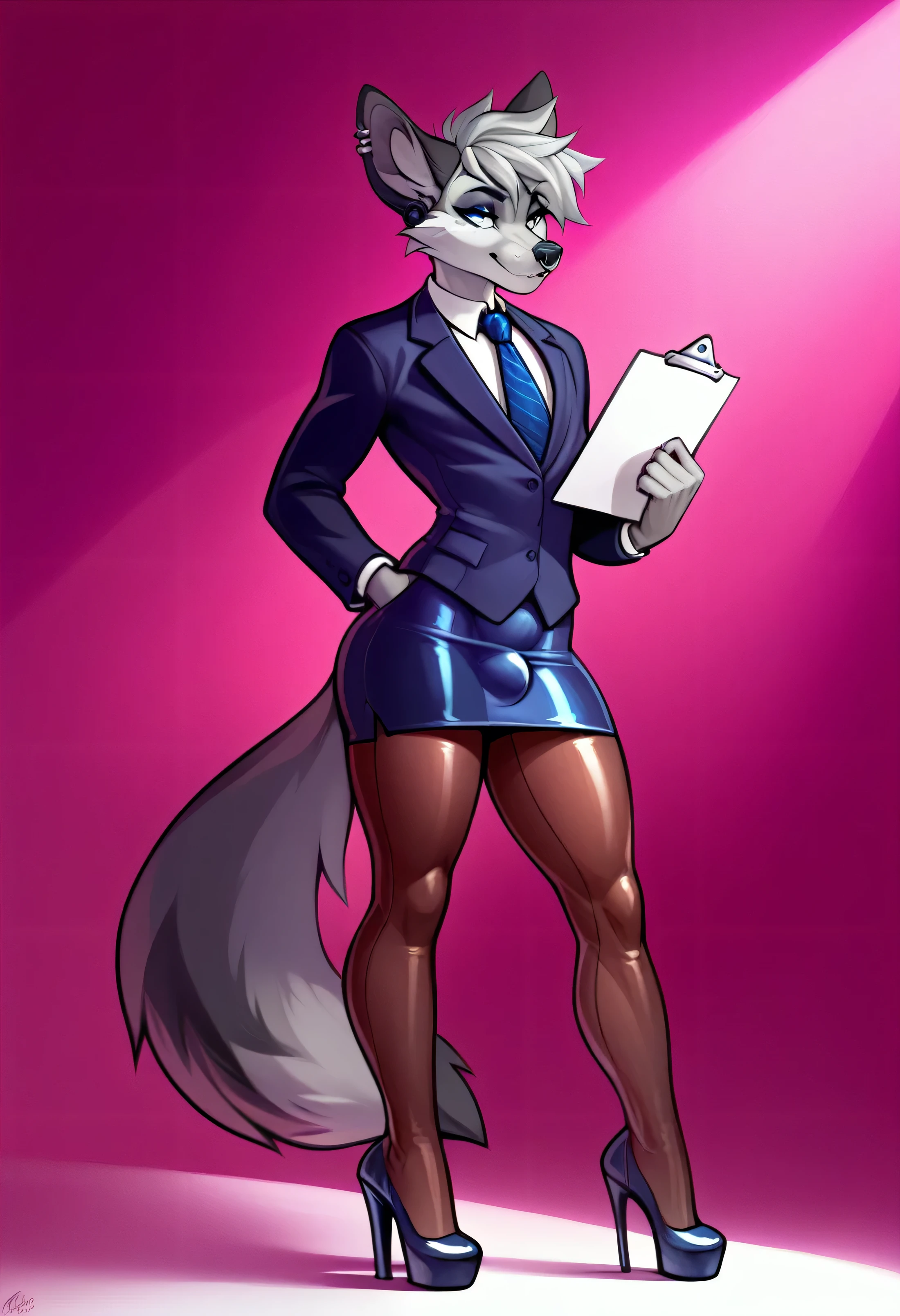 (score 9 up, score 8 up, highest score, highest quality),
 akkla_(akkla), animal ears, furry male, blue eyes, short hair, makeup, shiny eyeshadow, jewelry, earrings, ear piercing, tail, grey hair, high heels, clipboard, grey fur, wolf tail, femboy, tights, standing, skirt suit, three-piece suit, blazer, necktie, waistcoat, bodycon miniskirt