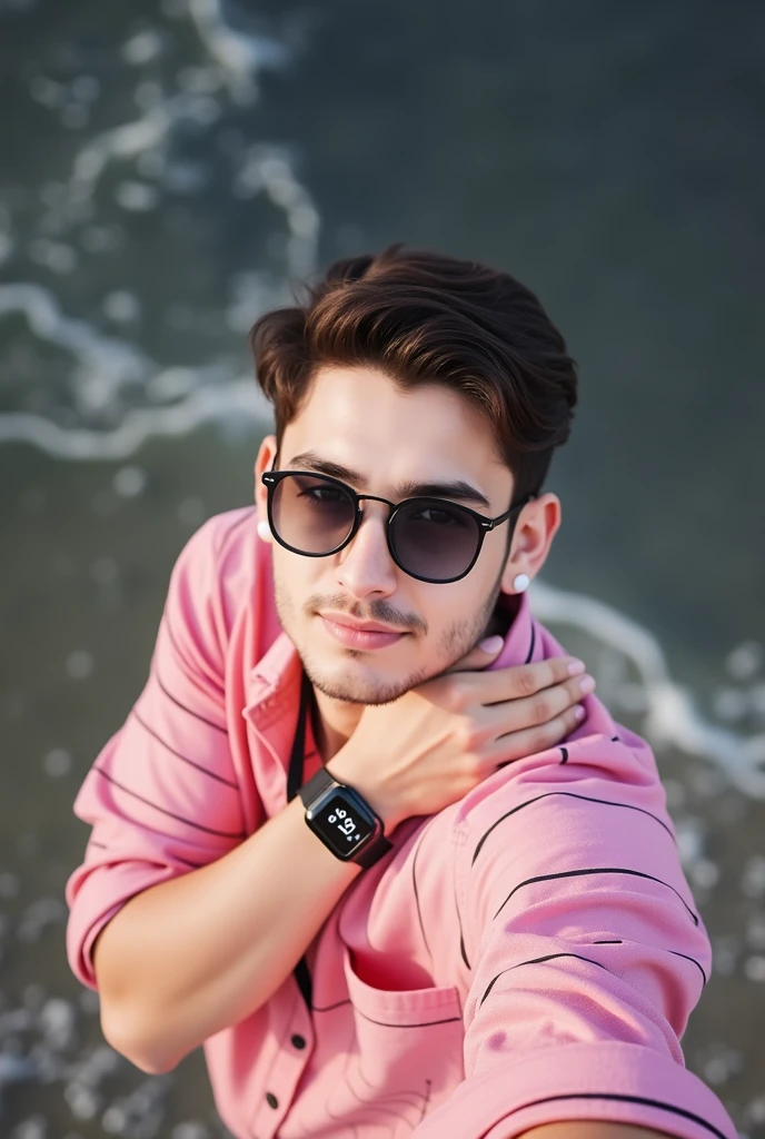 The image shows a young man taking a selfie in a sea beach . He is wearing a black sunglasse and pink shirt with black stripes and apple smart watch and apple airpods