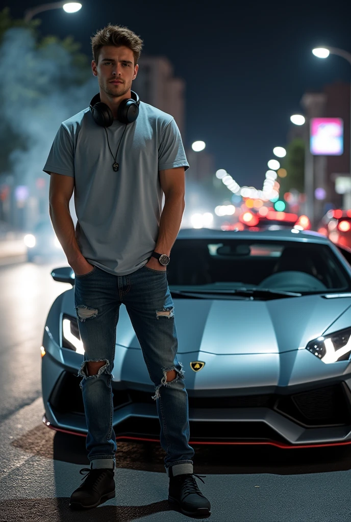 (photorealism:1.2), very handsome Young man is holding a cigaretes on his finger, t-shirts and tight scars jeans, standing beside his modified lambo car(glossy grey), smoked, the traffic lights and marks, low angle camera shots, headphones on his neck, black nike sneakers, car lights in the streets at nights