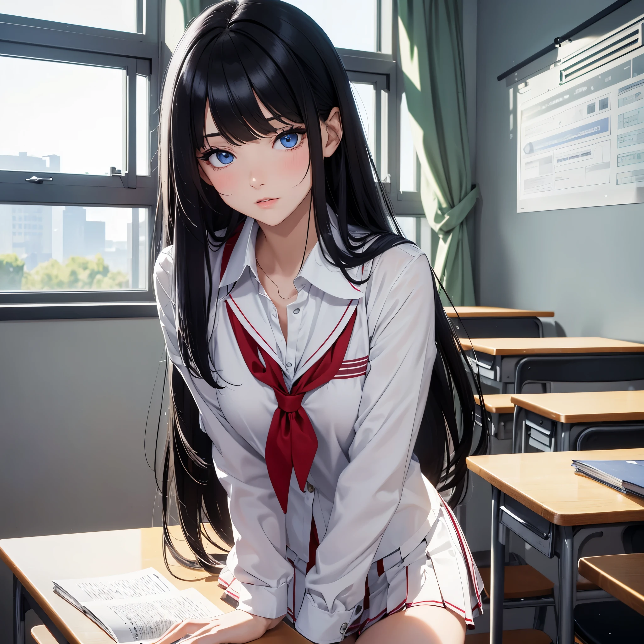 absurderes, ultra-detailliert,bright colour,(in 8K:1.3),masuter piece,extremely beautiful detailed face and eye, 25 years old,(Smooth straight black hair), (Shiny long hair),(Pattsun bangs), (Deep blue eyes) Delicate beautiful face, red blush, (Wearing school uniform)Nice Spot, standing, in the classroom sitting on the chair next to the window.