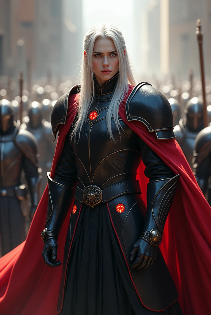 A man with long, straight white hair, with lilac eyes, delicate face and porcelain white skin. Handsome and somewhat intimidating, he contrasts with his apparent youth of about 27 years.. He wears elegant black armor with reddish spots that are highlighted by a flowing red cape around him.. Next to him was a young man shorter than him., with dark, straight hair that reached almost to his shoulders, She was of delicate appearance and had an androgynous face with greenish-gray eyes., He was wearing the same armor as him, both looking unstoppable, with his army behind them ready for battle. realistic animation