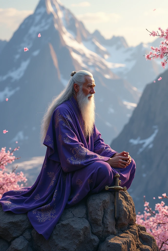 A man with silver hair wearing a purple robe exuding an air of arrogance, calmness, dignity, and sadness was sitting cross-legged on a rock on the mountain, his eyes looking into the distance as if he was waiting for something for a long time. Next to him was an ancient sword that seemed to have been with the old man for a long time.(Chinese style )