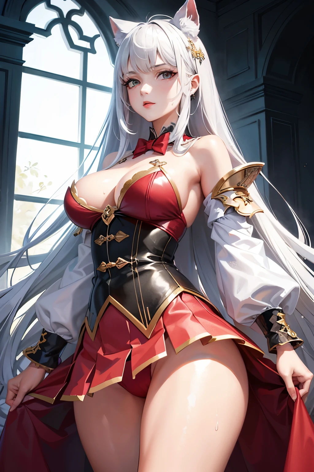 (masterpiece, high quality, Best quality, official art, beautiful and aesthetic: 1.2), (1girl: 1.3), (fractal art: 1.3), absurdity, masterpiece, Best quality, realistic, hyper-detailed, (Shiny skin, sweaty: 1.4), Looking at the viewer, slim, 1girl, solo, (red panties: 1.3), white mini skirt, Straight long hair, Princess haircut, purple hair, Red eyes, (thick thighs: 0.5), dynamic lighting, a high resolution, clear focus, depth of field, , a vampire, masterpiece, Best quality, ultra-detailed, illustration, ultra-detailed face, Best quality лица, wicked, 22, 1 girl, White hair, Alchemy Attire, Intricate, detailed outfit, sexy pose