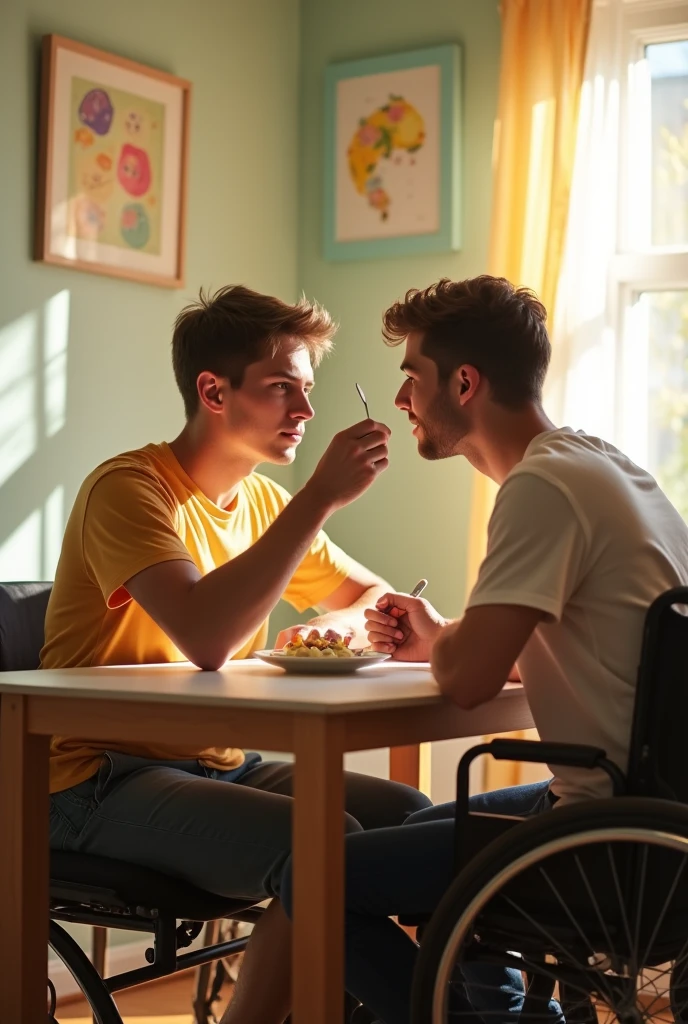 Young man in a wheelchair who is unable to eat alone, A male friend helps him
