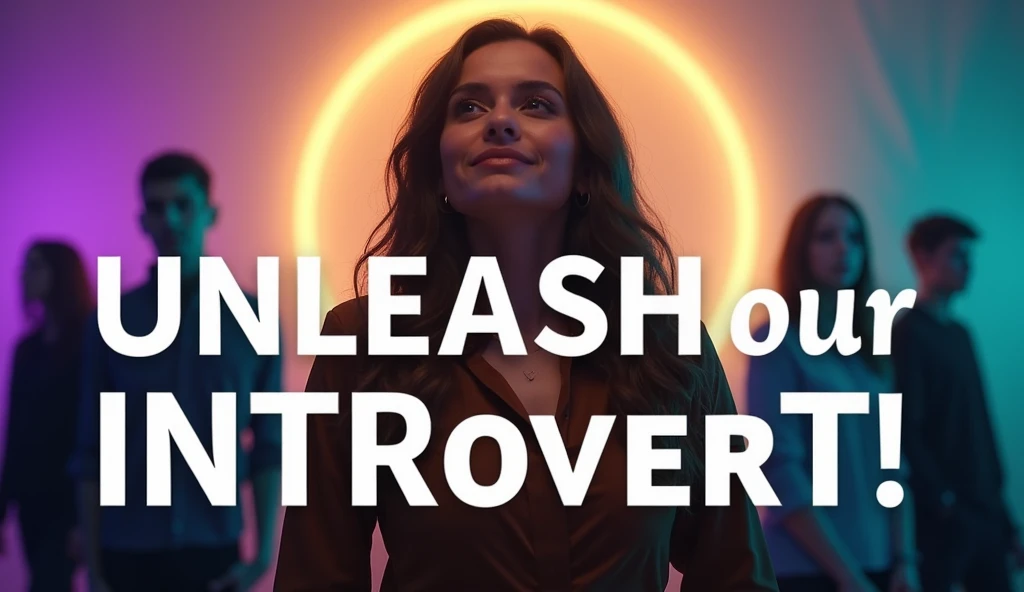 {
  
 "prompt": "Create a YouTube thumbnail titled '5 Rules to Unleash Your Power as an Introvert.' The design features a confident person standing in the center with a subtle half-smile, looking slightly upward, emanating a golden glow of empowerment. The background is a vibrant mix of Royal Purple (#6f42c1) and Turquoise (#1abc9c), with shadows creating depth. Use bold, minimal text reading 'Unleash Your Power!' in the Bebas Neue font, in white (#FFFFFF) with a subtle shadow. The person's face should be a close-up, capturing emotional intensity, with the spotlight emphasizing them while blurred, indistinct crowd silhouettes remain in the background. The entire image should be in HD quality with a clean, professional finish."
}