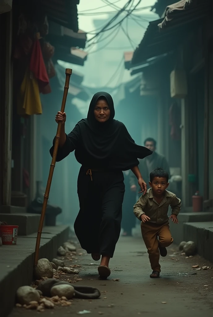 a asian muslim mother holding a bamboo cane stickchasing a  asian muslim child an angry face, the running away in fear, detailed facial features, dramatic lighting, cinematic composition, moody atmosphere, high contrast, photorealistic, award winning photograph, 8k, HDR. 1980 timeline 