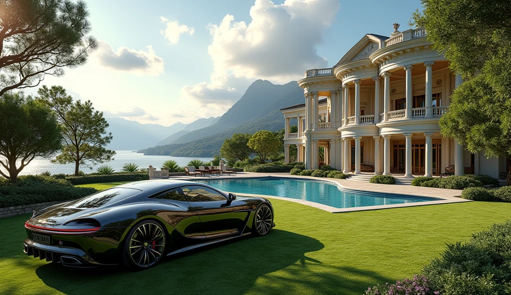 luxury mansion with a luxuary car parked in front of it, green yard with trees, behind sea and mountains, luxury pool, luxury lifestyle, luxurious environment, luxury architecture, rich, huge mansion, rich style, luxury and elite, extremely opulent, luxurious, hyper luxurious, majestic masterpiece, wealthy, luxury, stunning grand architecture, exquisite masterpiece, flaunting his wealth, inside a grand, architectural masterpiece