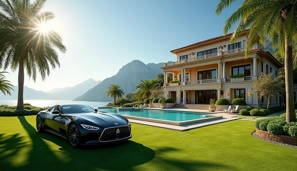 luxury mansion with a luxuary car parked in front of it, green yard with trees, behind sea and mountains, luxury pool, luxury lifestyle, luxurious environment, luxury architecture, rich, huge mansion, rich style, luxury and elite, extremely opulent, luxurious, hyper luxurious, majestic masterpiece, wealthy, luxury, stunning grand architecture, exquisite masterpiece, flaunting his wealth, inside a grand, architectural masterpiece