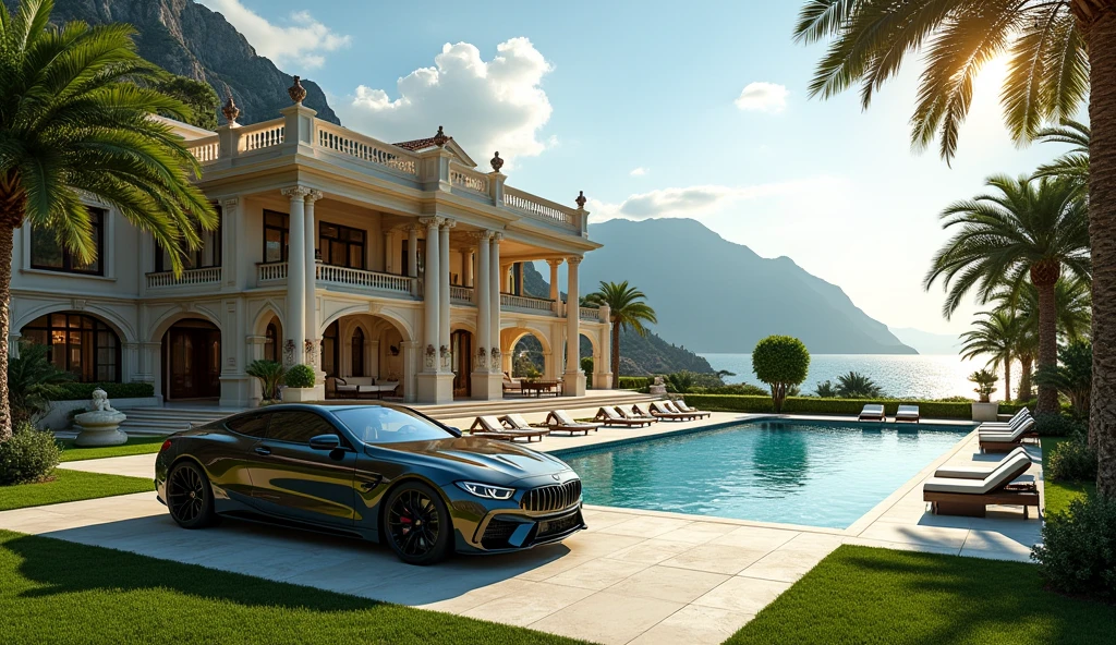 luxury mansion with a luxuary car parked in front of it, green yard with trees, behind sea and mountains, luxury pool, luxury lifestyle, luxurious environment, luxury architecture, rich, huge mansion, rich style, luxury and elite, extremely opulent, luxurious, hyper luxurious, majestic masterpiece, wealthy, luxury, stunning grand architecture, exquisite masterpiece, flaunting his wealth, inside a grand, architectural masterpiece