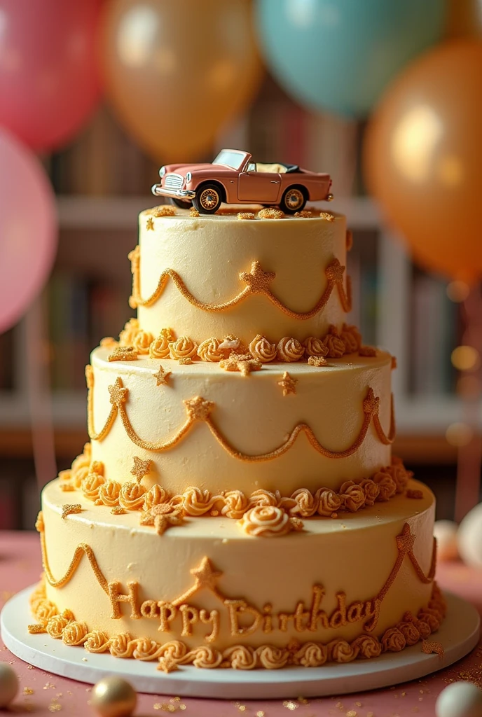 A 3-tiered pudding-shaped cake with a convertible on top、Gold、band and happy birthday