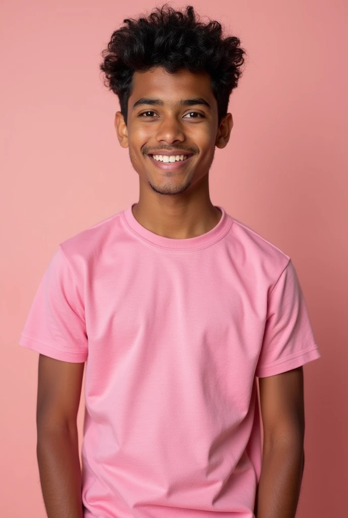 a 22 year old indian boy wearing plain pink woollen tshirt facing towards camera , no beard, black hair ,plain backgroung, photo clicked by iphone 15pro