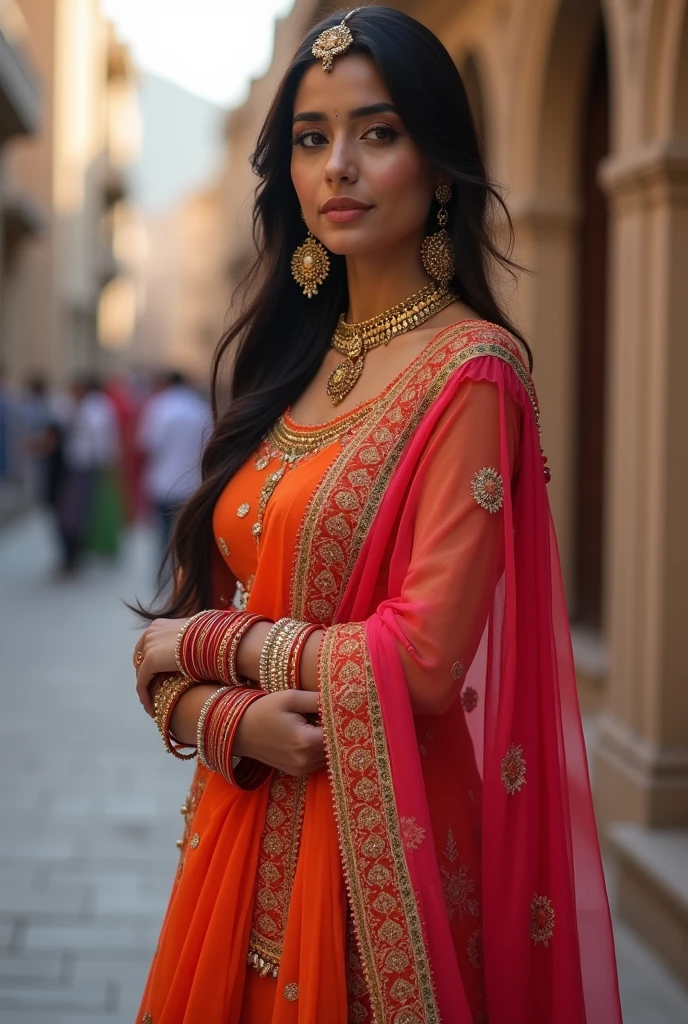realistic photo, 25 year old indian women,((wearing a Panjabi traditional style vibrant coloursfull salwar suit)), standing a model pose,( portrait photography, background most realistic morden city,detailed face and body, big boobs,hot and sexy body,natural lighting, high resolution, photorealistic, (best quality,8k,highres,masterpiece:1.2),ultra-detailed,(realistic,photorealistic,photo-realistic:1.37),realistic skin texture,detailed eyes and lips,beautiful detailed face,long eyelashes,smooth skin,natural body shape