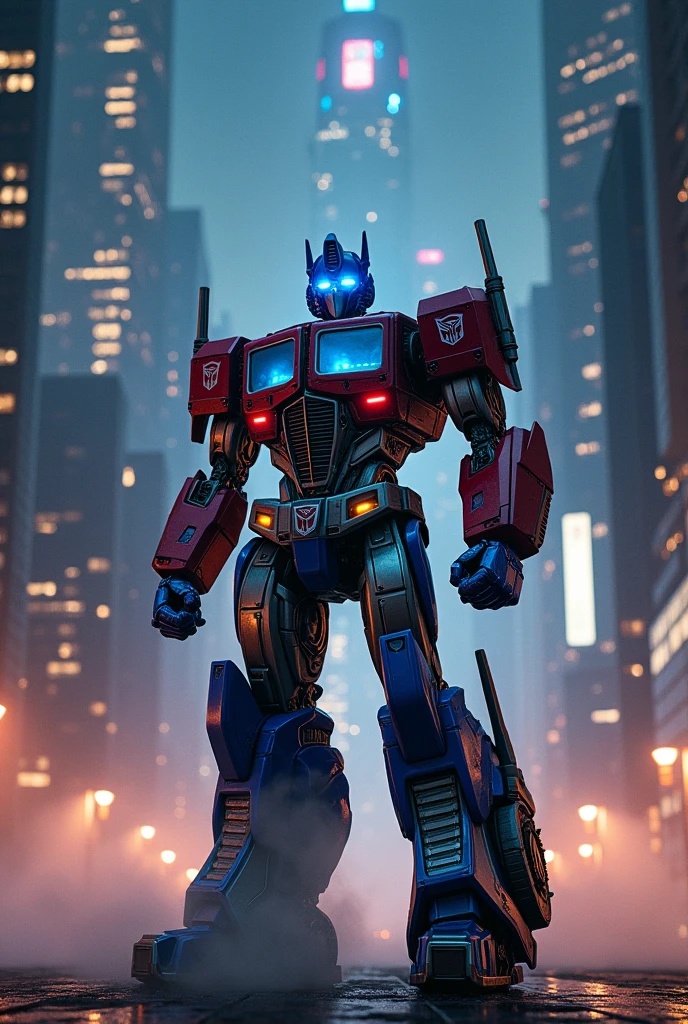 Optimus prime is standing in between a city with dark background and shiny streetlights, glowy eyes. It should look more real.