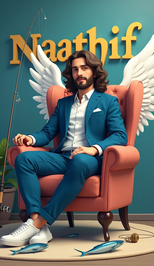 Create a 3D illustration for a profile picture where a 38 year old “Man”,With a long curly hair, in a blue suit, casually on a wings back chair, wearing sneakers a white,with a fishing rod and line and fishes near by, she looks ahead, the background features “Naathif” in big and capital letters Hacking style fonts on the back wall, there should not be his shadow and there are wings to make it appear as if he is angel.