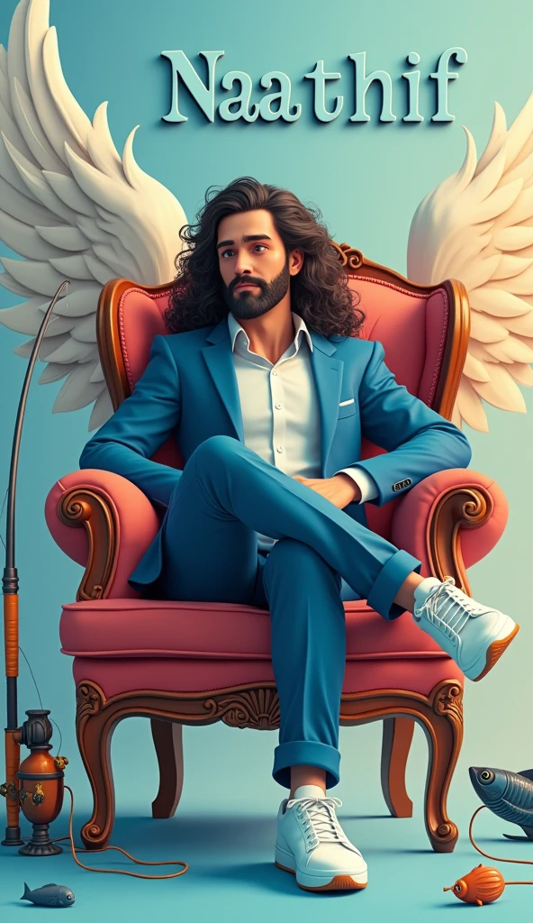 Create a 3D illustration for a profile picture where a 38 year old “Man”,With a long curly hair, in a blue suit, casually on a wings back chair, wearing sneakers a white,with a fishing rod and line and fishes near by, she looks ahead, the background features “Naathif” in big and capital letters Hacking style fonts on the back wall, there should not be his shadow and there are wings to make it appear as if he is angel.