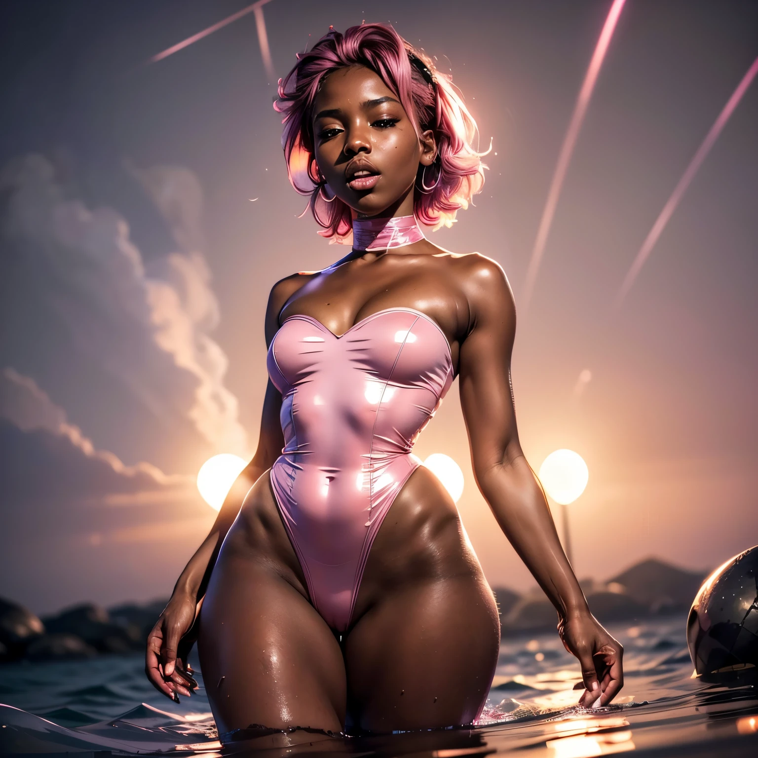 1girl, head phones, under pink bubble water, (18 years old), (dark skin), dark skin, wide shot, (pink strapless dress), (Masterpiece, Professional lighting, 16k, 8k wallpaper, raw photo, photorealistic:1.8, ultra detailed, natural lighting, detailed skin sexy pose, open mouth, big lips, night time, eyes closed, pink light, steam, pink foam, narrow shoulders, thick thighs