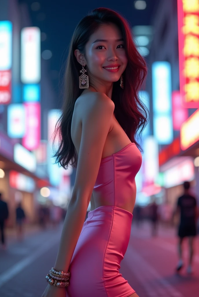 8K, Masterpiece, RAW photo, Best quality, detail:1.2), Photorealistic, Extremely detailed Cg Unity 8K wallpaper, Depth of field, Cinematic light, Lens flare, Ray tracing, (Extremely beautiful face, Beautiful lips, Beautiful eyes), intricate detail face, ((ultra detailed skin)) 1girll, In the dark, deepshadow, Pretty Korean girl, Kpop idol, (Very slim and slender muscular body:1.3), ((view the viewer)), (Big smile), (bodycon minidress), (Pink dress), (Injection sleeve), (City Night, (neon lights sign), (Night), Pretty Korean girl, Earrings, bangle, necklace, Pantyhose, Clear eyes, Walking, (Pale skin), Face forward, (Big eyes), ((upperbody shots)), tightly dress, Silk dress, Turn Back, Back shot, Very slim, slander