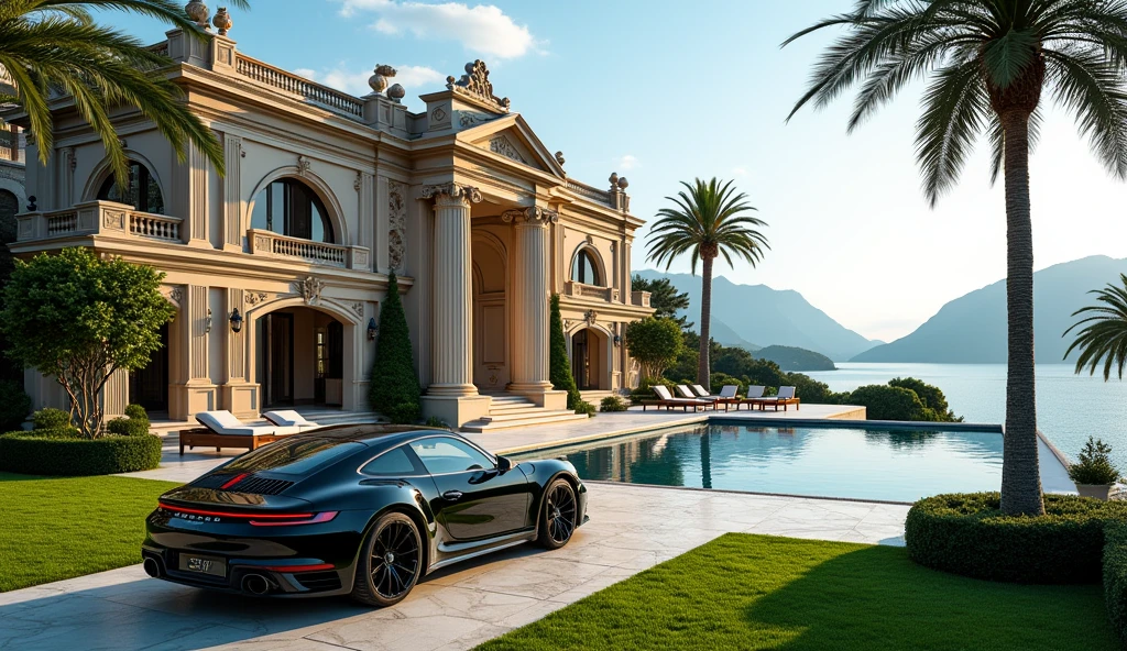 luxury mansion with a luxuary car parked in front of it, green yard with trees, behind sea and mountains, luxury pool, luxury lifestyle, luxurious environment, luxury architecture, rich, huge mansion, rich style, luxury and elite, extremely opulent, luxurious, hyper luxurious, majestic masterpiece, wealthy, luxury, stunning grand architecture, exquisite masterpiece, flaunting his wealth, inside a grand, architectural masterpiece