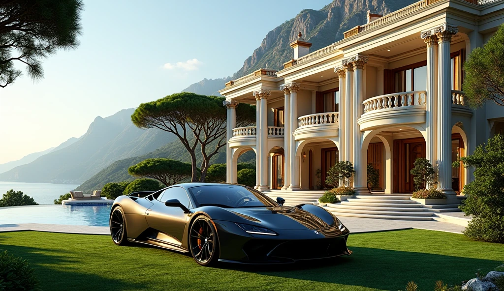 luxury mansion with a luxuary car parked in front of it, green yard with trees, behind sea and mountains, luxury pool, luxury lifestyle, luxurious environment, luxury architecture, rich, huge mansion, rich style, luxury and elite, extremely opulent, luxurious, hyper luxurious, majestic masterpiece, wealthy, luxury, stunning grand architecture, exquisite masterpiece, flaunting his wealth, inside a grand, architectural masterpiece