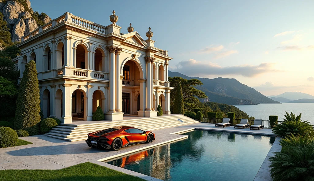 luxury mansion with a luxuary car parked in front of it, green yard with trees, behind sea and mountains, luxury pool, luxury lifestyle, luxurious environment, luxury architecture, rich, huge mansion, rich style, luxury and elite, extremely opulent, luxurious, hyper luxurious, majestic masterpiece, wealthy, luxury, stunning grand architecture, exquisite masterpiece, flaunting his wealth, inside a grand, architectural masterpiece