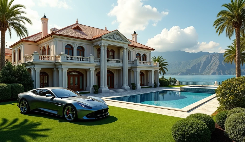 luxury mansion with a luxuary car parked in front of it, green yard with trees, behind sea and mountains, luxury pool, luxury lifestyle, luxurious environment, luxury architecture, rich, huge mansion, rich style, luxury and elite, extremely opulent, luxurious, hyper luxurious, majestic masterpiece, wealthy, luxury, stunning grand architecture, exquisite masterpiece, flaunting his wealth, inside a grand, architectural masterpiece
