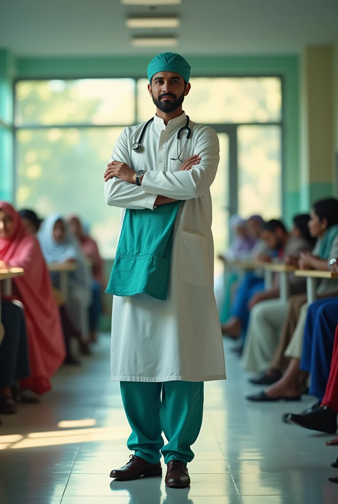 A doctor wearing panjabi and holding apron on hand 