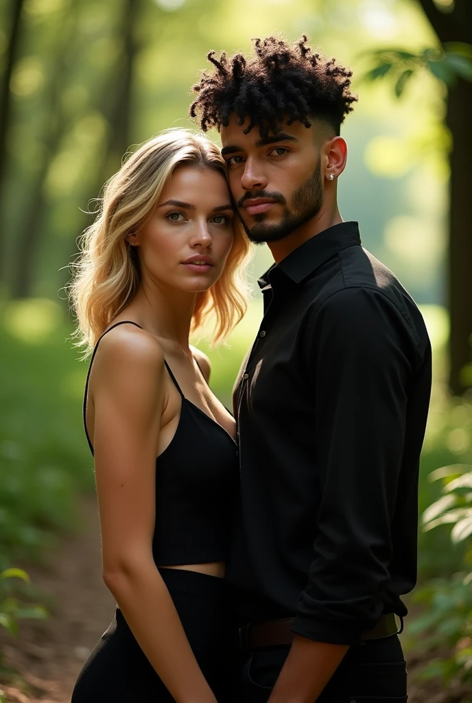 (best qualityer), couple, 1 male 1 female, young man 24 years old, young woman 22 years old, light skinned woman, she has medium blonde hair, She has medium length hair with small waves, She has big green eyes, Curvy Body, man with slightly brown skin, he has black curly hair, he has a shaved haircut on the sides and bangs above his eyes, He has brown eyes, he has a short beard on his chin, He has a piercing on the left side of his mouth and on his left eyebrow, gazing at viewer, Warm and romantic, she wears all black clothes, he wears a black turtleneck shirt with a charcoal gray denim jacket and black pants, Romantic forest