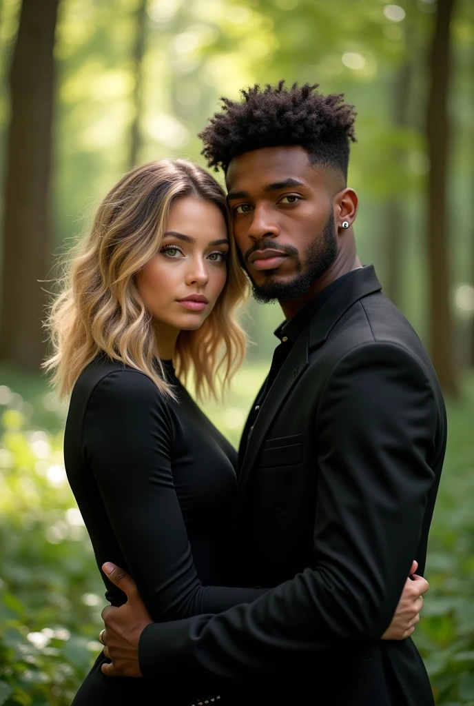 (best qualityer), couple, 1 male 1 female, young man 24 years old, young woman 22 years old, light skinned woman, she has medium blonde hair, She has medium length hair with small waves, She has big green eyes, Curvy Body, man with slightly brown skin, he has black curly hair, he has a shaved haircut on the sides and bangs above his eyes, He has brown eyes, he has a short beard on his chin, He has a piercing on the left side of his mouth and on his left eyebrow, gazing at viewer, Warm and romantic, she wears all black clothes, he wears a black turtleneck shirt with a charcoal gray denim jacket and black pants, Romantic forest
