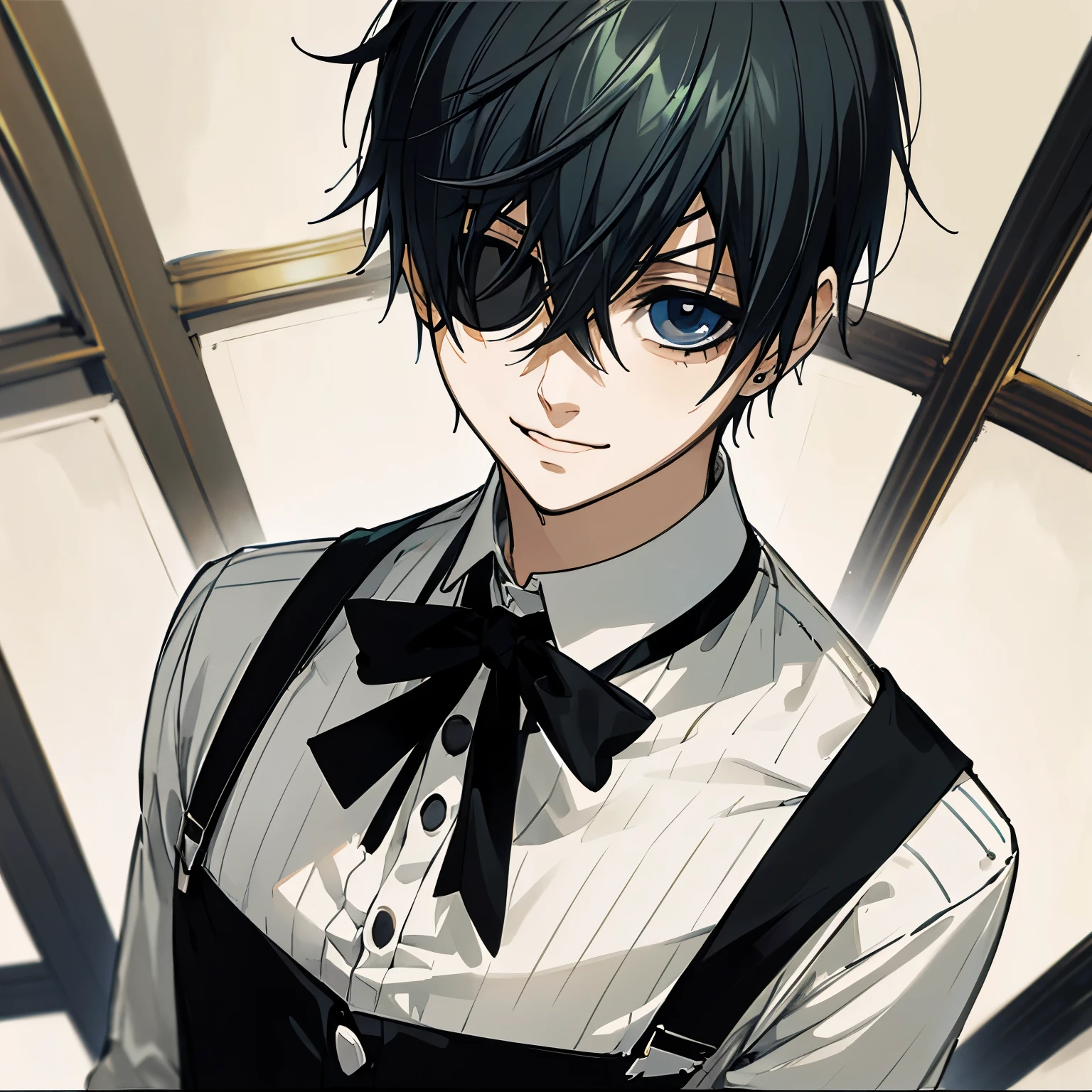 Smile,Expectations,1 boy,Black Hair,short hair,Messy hair,Pale skin,black eyes,Black wire mesh glasses ::2 black and white striped shirts,Suspenders,Beige clothing ::3 Anime Semi-Realistic Art Styles,high quality,best quality,Library Background，I drew a BL picture of Sebastian Michaelis from Black Butler.