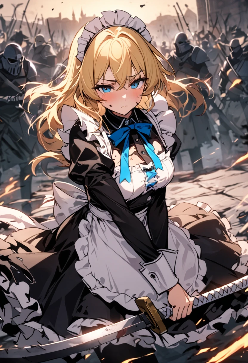 (8k, super high quality, masterpiece), (detailed), One Woman, Small breasts, Blonde, cute, Slightly longer length, Blue ribbon, Apron dress, Maid clothes, Slash with a two-handed sword, Perfect Stance, Burning Battlefield, Castle Defense, My whole body is dirty., Torn clothing, A strong enemy in front of me, Deadly Combat, Intense Combat, Quite dirty, 