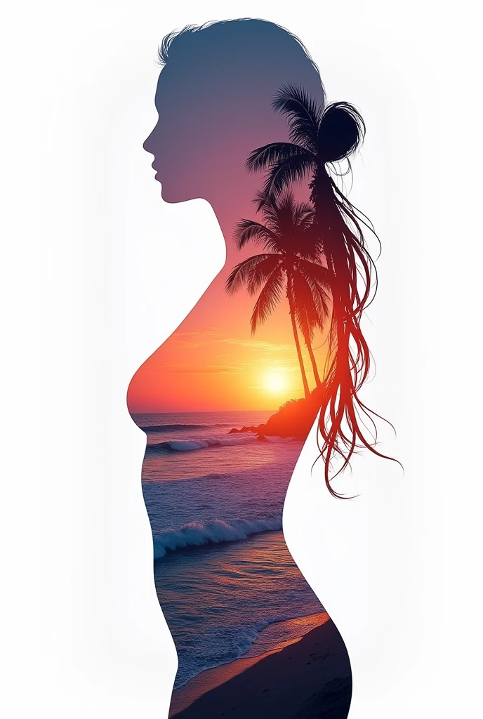high quality, 8K Ultra HD, A beautiful double exposure that combines an goddess silhouette with sunset coast, sunset coast should serve as the underlying backdrop, with its details incorporated into the goddess , crisp lines, The background is monochrome, sharp focus, double exposure, by yukisakura, awesome full color,